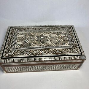 Carved bone and shell inlay mother of pearl jewelry box with velvet insert